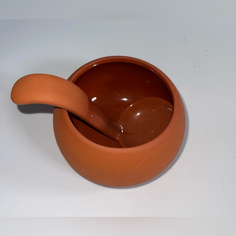 Vintage Glazed Terracotta Salsa Bowl & Serving Spoon